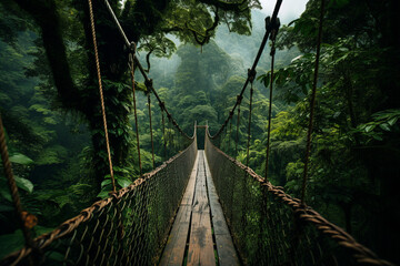 A long suspension bridge made of wooden planks extending through a dense forest made with generative AI