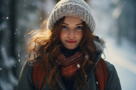 Generative AI photo of cute adorable young woman walking in a snowy street park or forest