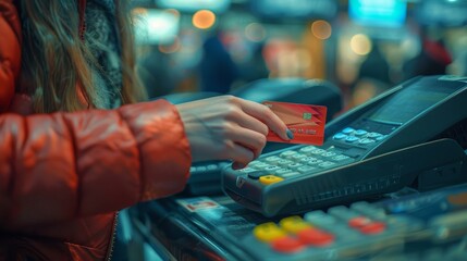 person using a credit card at cashier in a supermarket . - obrazy, fototapety, plakaty