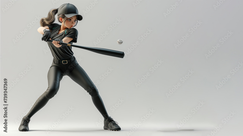 Wall mural a woman cartoon baseball player in black jersey with equipment