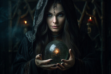 Digital generative ai collage image of wise witch doing ritual spell