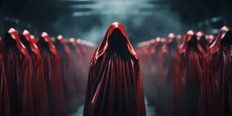 Enigmatic figures donning crimson cloaks gather in a secretive congregation. Concept Mystery, Secret Gathering, Enigmatic Figures, Crimson Cloaks, Secrecy - obrazy, fototapety, plakaty