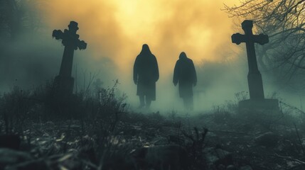 Gothic Serenity: Fog-Enshrouded Cemetery with Solemn Figures - obrazy, fototapety, plakaty