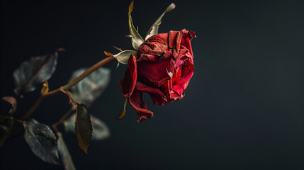 Plant rose with red petals against a dark backdrop, highlighting its beauty