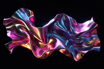 Obraz premium Vibrant abstract holographic shape floating on black background. Transparent glass texture on wavy figure.