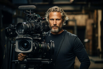 Digital generative ai image collage of operator shooting scene for new movie