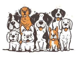 Fototapeta premium a group of dogs on a white background in a cartoon style, made in the form of a hand-drawn drawing