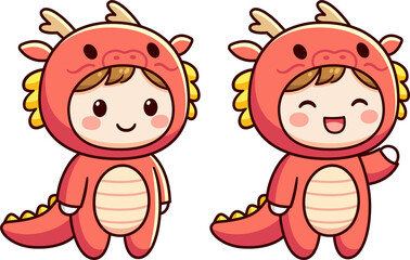 Kawaii little boy in red Chinese dragon kigurumi onesie costume. Cute cartoon character standing and waving, clip art illustration.