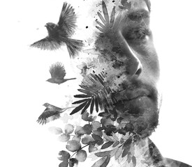 A conceptual paintography male portrait combined with a painting of birds - 739349124