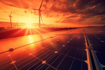 Solar panels and wind turbines under vibrant sunset sky