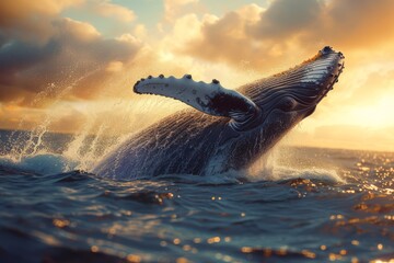Majestic humpback whale breaching during a vibrant sunset