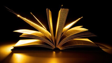 Golden book on black background, golden rays around the book, glow, lines, sparks