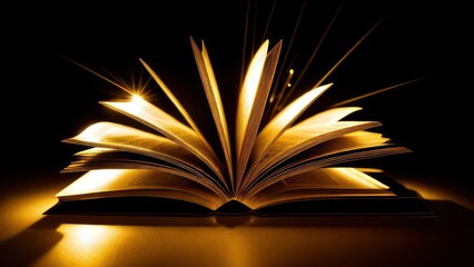 Golden book on black background, golden rays around the book, glow, lines, sparks