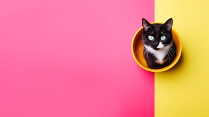 The cat is eating yellow food in a plate. The cat food is beautifully prepared against a backdrop full of bright and exciting colors.It creates a feeling of happiness and enjoyment. The little cat was