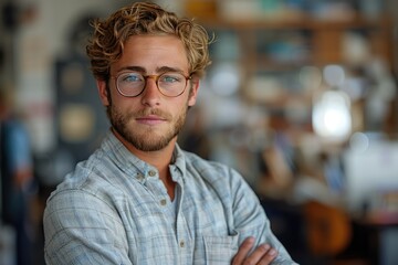 A serious and studious man with a well-groomed beard and glasses gazes thoughtfully, his sharp features highlighted by the contrast of his crisp white shirt, embodying intelligence and refined vision