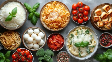 A variety of ingredients for an Italian menu of fresh tomatoes and basil, olives and cheese are...