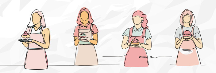 Anonyme Kellnerinnen mit Cupcakes: Lineart Vektorgrafik-Bundle - obrazy, fototapety, plakaty