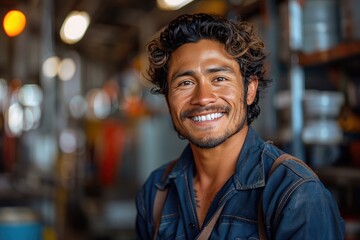 A man's genuine smile radiates warmth and happiness as he poses for a portrait, his casual street clothing adding to the relaxed and approachable vibe of the indoor setting