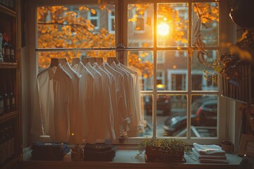 The vibrant hues of neatly folded shirts in a store window evoke a sense of coziness and warmth in an otherwise plain indoor space, framed by a sleek vase on a wall shelf