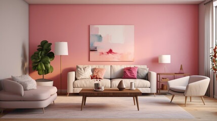 A modern living room with a neutral color palette, a vibrant pink accent wall, and minimalist furniture.