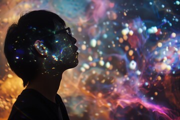 a boy looks at a colorful projection of the universe with awe and amazement 
