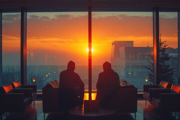 As the sky blazes with the last rays of sunset, two people sit in quiet contemplation by a window, basking in the warmth of the fading heat and the promise of a new dawn - obrazy, fototapety, plakaty