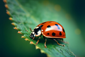 Fototapeta premium Macro photo of a ladybug on a green leaf