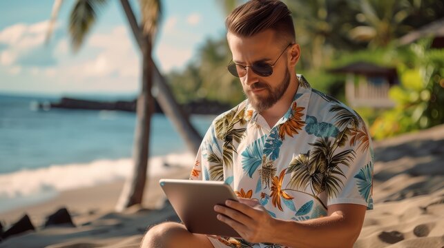 Relaxed man in a Hawaiian shirt using a tablet on a sandy beach with palm trees.