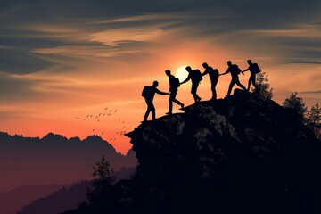  Silhouette of a team of climbers helping each other at sunset.              