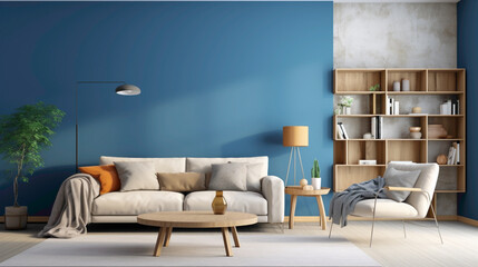 A modern living room with a neutral color palette, a vibrant blue accent wall, and minimalist furniture.