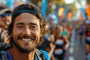 Naklejka premium A stylish man with a warm smile and rugged facial hair stands confidently on a bustling street, inviting the viewer into his charming personality and laid-back outdoor lifestyle