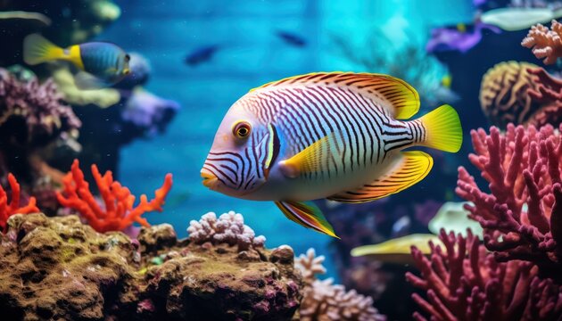 Fish in the water, coral reef, underwater life, various fish and exotic coral reefs