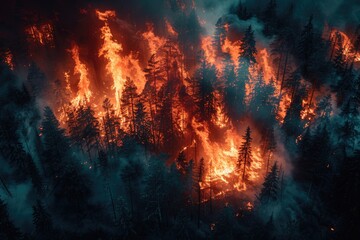 The fiery wrath of nature ignites an explosion of heat and smoke, engulfing the tranquil forest in a volcanic inferno - obrazy, fototapety, plakaty