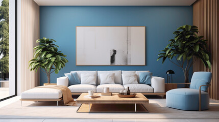 A modern living room with a neutral color palette, a vibrant blue accent wall, and minimalist furniture.