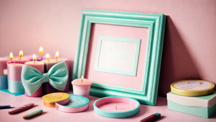 Pastel colors frame with free place for text made from a lot of gift boxes with big bows and candles