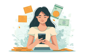 Online banking, internet payment, e-transaction, financial technology concept. Woman using mobile phone for e-payment via mobile banking