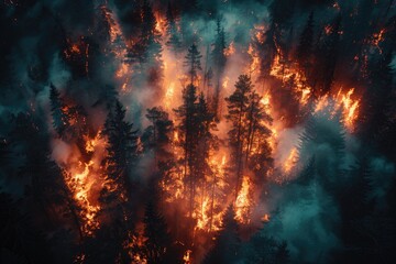 A blazing inferno of fireworks and flames engulf a peaceful forest, suffocating it in thick smoke as trees sway in the intense heat of the outdoor chaos - obrazy, fototapety, plakaty