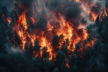 A raging wildfire engulfs the peaceful forest, its scorching heat and billowing smoke transforming the once serene landscape into a chaotic inferno - obrazy, fototapety, plakaty