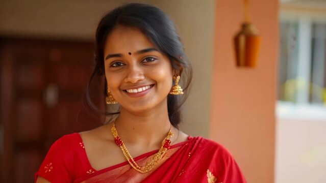 Beautiful Indian woman in traditional sari dress. Married girl with third eye bindi. India culture. Female person portrait. Ethnic Hindu costume. Folk festival clothes. Young adult people look camera.