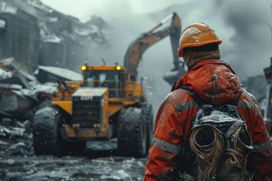 Amidst a snowy landscape, a rugged individual with a hard hat and backpack surveys the land vehicle before him, ready to tackle the construction equipment with determination and resilience