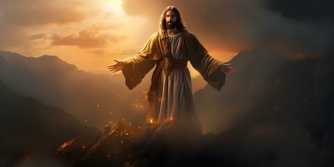 Powerful and determined Jesus stands on a mountain peak surrounded by divine light. Concept Religious Symbolism, Spiritual Significance, Divine Light, Mountaintop Experience, Powerful Presence