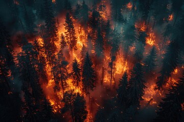 The intense heat of the raging forest fire consumes the lush green trees, creating a billowing cloud of smoke that engulfs the serene beauty of nature - obrazy, fototapety, plakaty