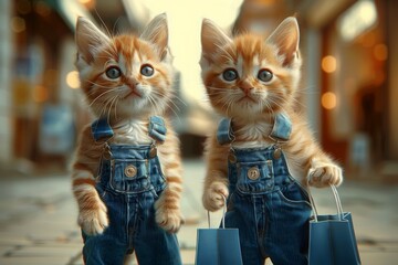 Two adorable little orange cats dressed in denim suspenders carrying shopping bags, capturing a playful and cute concept
