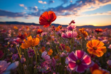 Obraz premium Field of flowers in a rural setting with a sunset in the background
