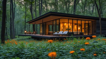 Modern house in the middle of a forest surrounded by orange flowers