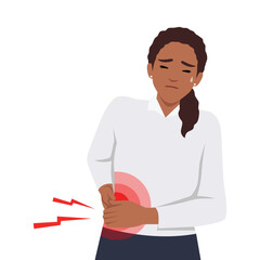 Unhealthy woman suffer from liver problems. Unwell girl struggle with body organ inflammation. Healthcare and medicine. Flat vector illustration isolated on white background