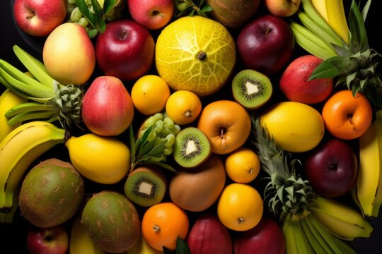 A variety of fruits are arranged together to form a colorful and nutritious composition.