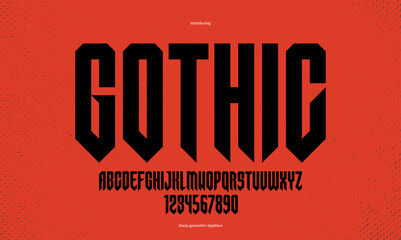Sharp and bold vector display condensed font for logos, gothic or heavy metal style modern tall typeface, edgy hard rock letters and numbers alphabet for titles or slogans, heavy typography. © Sylverarts