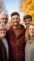 Happy multigenerational family posing together outdoors in the fall