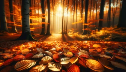 Rolgordijnen Enchanted Autumn Forest with Sunbeams, Nature Background Concept © Skyfe